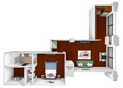 Floor plan for 1 bed, 1 bath, 713 sqft